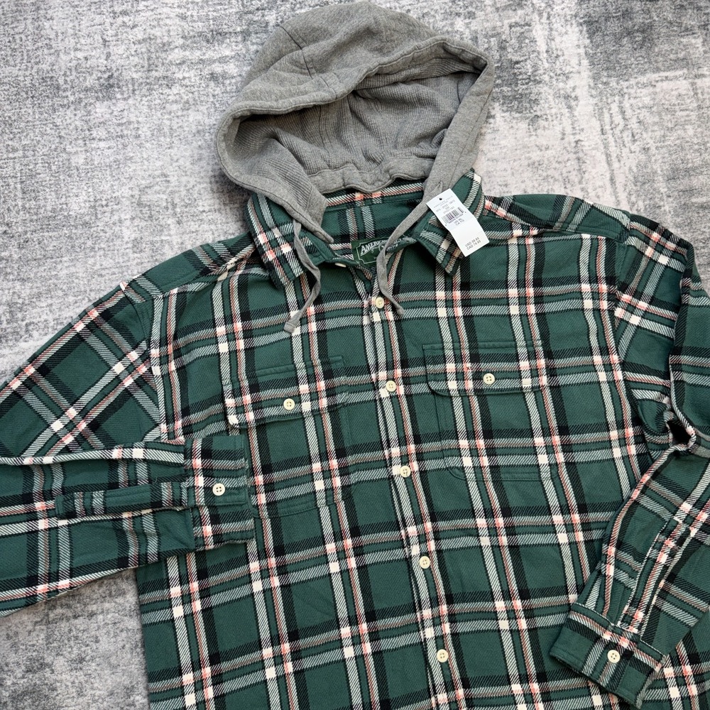 American Eagle Hooded Flannel Shirt Mens XL Shacket Green Plaid Outdoor NEW